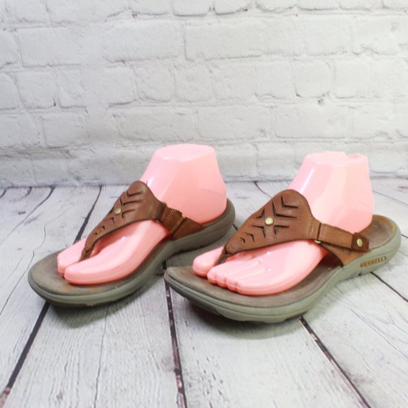 Merrell Adhera Brown Leather Casual Flats Thong Sandal Size US 9 - Picture 2 of 9
